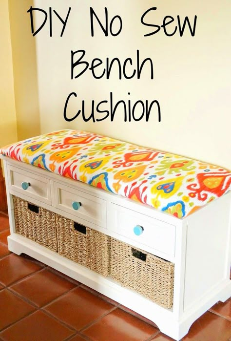 DIY No Sew Bench Cushion --  Here's one option using plywood, which requires a staple gun.... still a good tutorial No Sew Bench Cushion, Sew Bench Cushion, Diy Bench Cushion, Diy Breakfast Nook, Diy Bank, Bench Cushion Cover, Breakfast Nook Table, Bench Mudroom, Nook Table