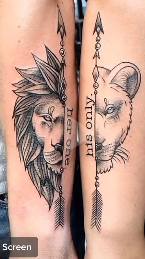 Matching Tattoos Lion And Lioness, King And Queen Lion Tattoo For Couples, Viking Tattoos For Couples, Husband And Wife Tattoos Marriage, His And Hers Tattoos Couple Tat, Couple Tattoo Ideas Unique, Woman Lower Back Tattoo, Couples Lion Tattoo, Husband And Wife Tattoos