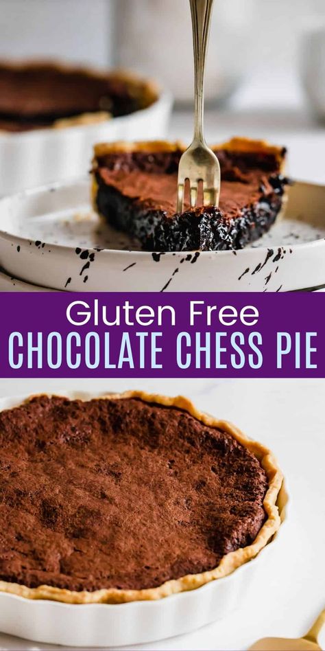 Gluten Free Chocolate Chess Pie - with a foolproof gluten free pie crust you can enjoy this Souther classic dessert recipe! So rich and chocolaty, it is sure to satisfy any sweet tooth! Gluten Free Chocolate Pie Recipe, Chocolate Chess Pie Recipe Easy, Southern Chocolate Chess Pie, Gluten Free Chocolate Pie, Chocolate Chess Pie Recipe, Easy Chocolate Pie, Chips Recipes, Chess Pie Recipe, Gluten Free Fudge