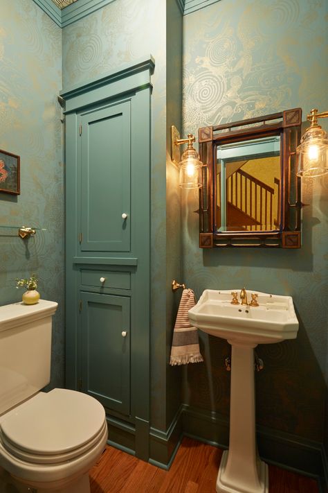 A Historic Victorian Home Renovation Gold and Green Powder Room Design Pantry For Kitchen, Hex Tile Floor, Victorian Home Renovation, Old Victorian Homes, Chicago Interior Design, Cozy Bathroom, Teal Sofa, Hex Tile, Victorian Bathroom