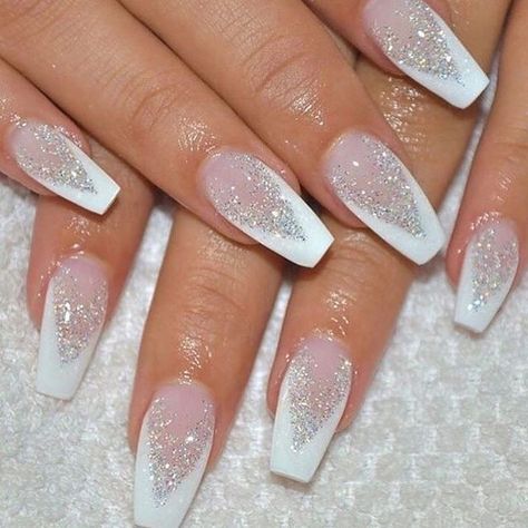 Wedding Day Nails, Silver Nail Designs, Press Nails, Wedding Nails Glitter, Luxury Press On Nails, Holiday Nail Designs, Silver Nail, Ballerina Nails, Bride Nails