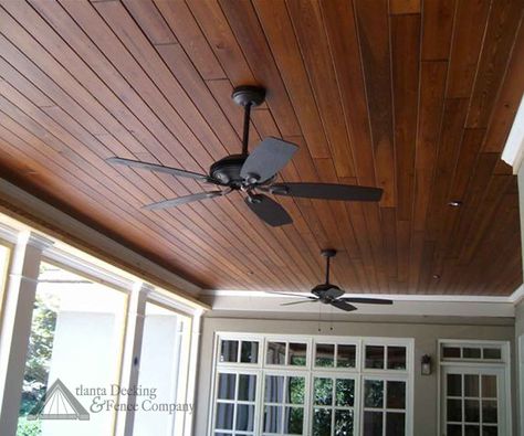 Or instead of painting, stain the wood ceiling on the porch - Dark Stained T Pine Ceiling Wood Ceiling Porch, Beadboard Porch Ceiling, Vinyl Beadboard, Pine Ceiling, Tongue And Groove Ceiling, Porch Ceiling, Building A Porch, Beadboard Ceiling, Wooden Ceiling