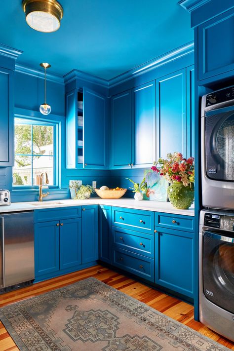 Washer And Dryer Pedestal, Laundry Room Paint Color, Laundry Room Paint, Laundry Room Organization Storage, Interior Window Trim, Blue Laundry Rooms, White Laundry Rooms, Laundry Room Ideas, Laundry Room Inspiration