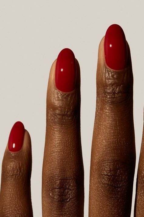 Red Nail Polish Colors For Dark Skin, Boston University Red Nails, Red Oval Nails With Design, Red Nails Brown Skin, Red Nails And Toes, Red Nails Dark Skin, Short Almond Red Nails, Nail Shapes For Short Nails, Red Nails On Brown Skin