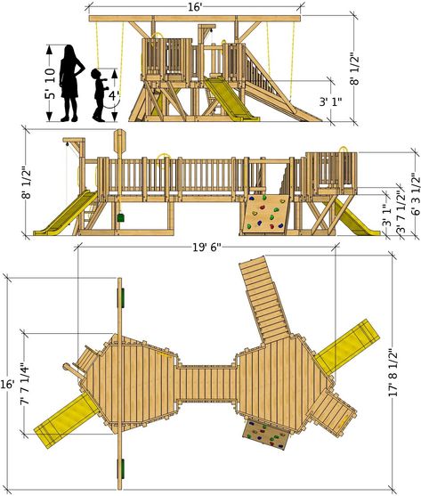 Every toddler needs a place to run crazy for a little bit to burn off that extra energy, and the "Toddler Playground Plan" aims to do just that. This plan comes in a 38ft² Standard Design, or in the 90ft² Deluxe Design. Both the Standard and the Deluxe are elevated 3' off the ground and have a swing-set arm to hang two swings, a rock wall, ship ladder and spot to add a slide. The Deluxe plan is made up of two platforms with a 6' long bridge connecting the two. It has addition instructions to add Playground Floor Plan, Playground Plans, Playground Design Plan, Playground Plan, Playset Plans, Church Playground, Ship Ladder, Playgrounds Architecture, Toddler Playground