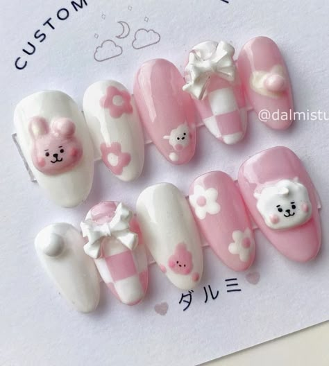 Cardcaptor Sakura Nails, Bt21 Nail Art, Bts Nails Designs, Kpop Nails Inspired, Bt21 Nails, Cute Korean Nail Art, Bts Nails Ideas, Bts Inspired Nails, Bts Nail Art