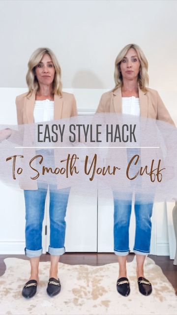 JEN | Everyday Style + Tips on Instagram: "✨ Here’s an easy style hack to create a smooth pant cuff without the extra bulk. 👏 It’s so easy! Just gather the pant leg and tuck the extra fabric under. Then cuff the remaining end (with the hem) over. It’s much less bulky and creates a smoother appearance. Let me know in comments what you think! #styletips #fashiontips #howtowear #fashionhacks #fashionover40 #styleideas #casualstyle #womenstyle" How To Cuff Pants, Cuffed Pants Outfit, Styling Clothes, Cuff Pants, Fashion Diva, Easy Style, Cuffed Pants, Diva Fashion, Extra Fabric