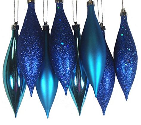 Northlight 8ct Lavish Blue Shatterproof 4-Finish Finial D... Gold Christmas Mantle, Christmas Blue And White, Peacock Christmas Tree, Peacock Ornaments, Teal Christmas, Peacock Christmas, Turquoise Christmas, Blue Christmas Ornaments, Small Christmas Stockings