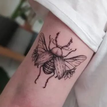 Scarab Tattoo Meaning, Flying Beetle Tattoo, Beetle Elbow Tattoo, Beetle Hand Tattoo, Wicca Sayings, Scarab Beetle Tattoo Design, Beetle Knee Tattoo, Egyptian Beetle Tattoo, Beetles Tattoo