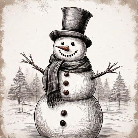 Snow Man Drawing Art, How To Draw A Snowman, Christmas Sketches Pencil, Christmas Snowman Drawing, Easy Drawing Christmas, Christmas Sketch Ideas, Snowman Sketch, Holiday Drawings, Snowman Drawing