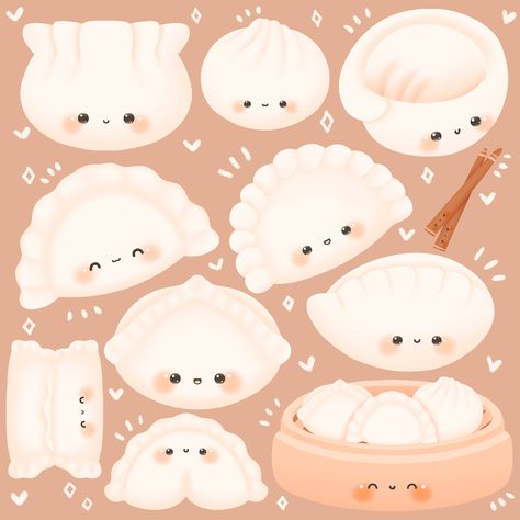 Dumpling Wallpaper, Cartoon Food Drawings, Cute Food Drawings Kawaii, Kawaii Food Drawings, Kawaii Art Aesthetic, Dumpling Illustration, Japanese Kawaii Food, Dumplings Aesthetic, Kawaii Food Art