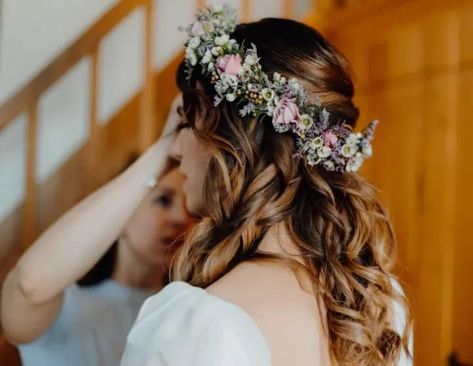 Wedding Hair Flower Crown Half Up, Flower Crown Half Up Half Down, Flower Crown Hairstyle Half Up, Bridal Hair Flower Crown, French Theme Wedding, Wedding High Bun, Small Flower Crown, Floral Crown Bride, Bride Flower Crown