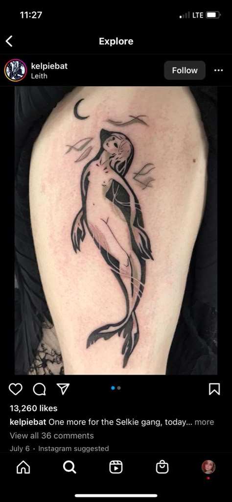 Celtic Mermaid Tattoo, Shapeshifter Tattoo, Song Of The Sea Tattoo, Kelpie Tattoo, Selkie Tattoo, Fertility Tattoo, Tattoos That Mean Something, Scottish Tattoo, Tattoos 2023