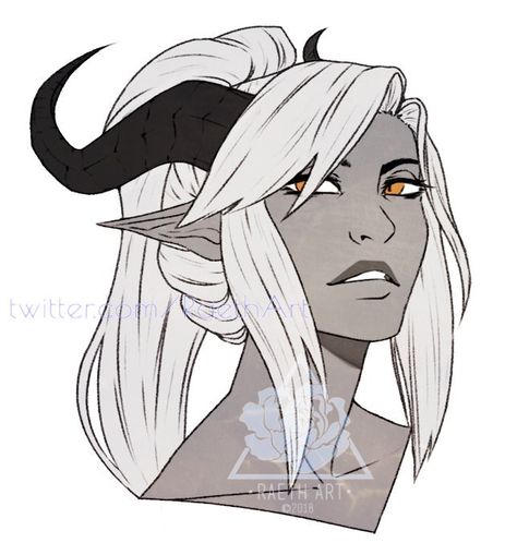 Tiefling Horns Reference, Black And White Tiefling, Tiefling Hair, Character Design Horns, Gray Skin Character, Tiefling White Hair, Gray Tiefling, White Tiefling Female, Characters With Horns