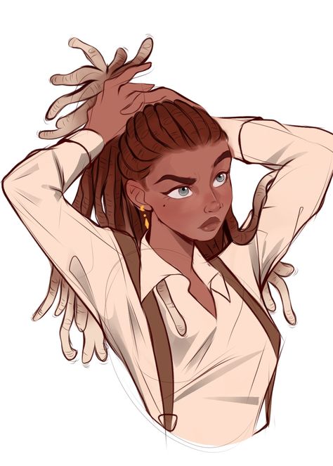 Black girl inventor steampunk overalls locs grey eyes character design Girl Tying Hair Up, Coil Hair Drawing Reference, Girl Tying Hair Up Reference, Animal Quirk Oc, Doing Hair Reference, Tieing Hair Up Reference, Hair Tying Pose, Female Black Hairstyles, Locs Art Reference