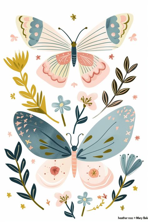 Minimalist Butterfly, Two Butterflies, Minimalist Pastel, Inspirational Digital Art, الفن الرقمي, Heather Ross, Graphic Art Prints, Butterfly Illustration, Scrapbook Stickers Printable