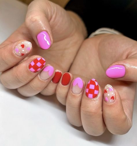 Short Valentines Acrylics, Pink Mix And Match Nails, Groovy Valentines Nails, Colorful Valentines Nails, Funny Valentines Day Nails, Bright Valentines Nails, Short Nails February, Retro Valentines Nails, Boho Valentines Nails