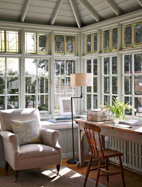 Reading Sunroom, Small Conservatory Interiors, Small Conservatory, Sunroom Office, Conservatory Interior, Small Sunroom, 80s House, Big Room, Sunroom Decorating