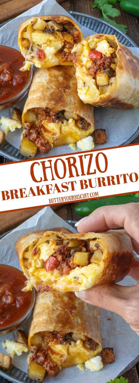 Chorizo Breakfast Burrito is perfect for a filling and savory morning meal! It features simple ingredients and is easy to make so you can start your day with a delicious dish. Potato Breakfast Burrito, Chorizo Breakfast Burrito, Chorizo Eggs, Traditional Mexican Breakfast, Eggs Potatoes, Chorizo Breakfast, Banana Waffles, Freezer Friendly Meals, Flour Tortilla