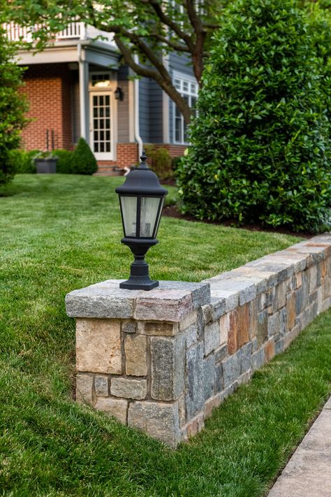 Lake George Ashlar stone retaining wall with integral lighting  #landscapedesign #landscapearchitecte #outdoorlighting #lakegeorgeashlarstone #naturalstoneretainingwall Retaining Wall Front Of House Stone, Granite Retaining Wall, Limestone Retaining Wall Garden Design, Limestone Retaining Wall, Fieldstone Retaining Wall, Drystack Stone Wall, Limestone Block Retaining Wall, Old Structures, Retaining Wall Patio