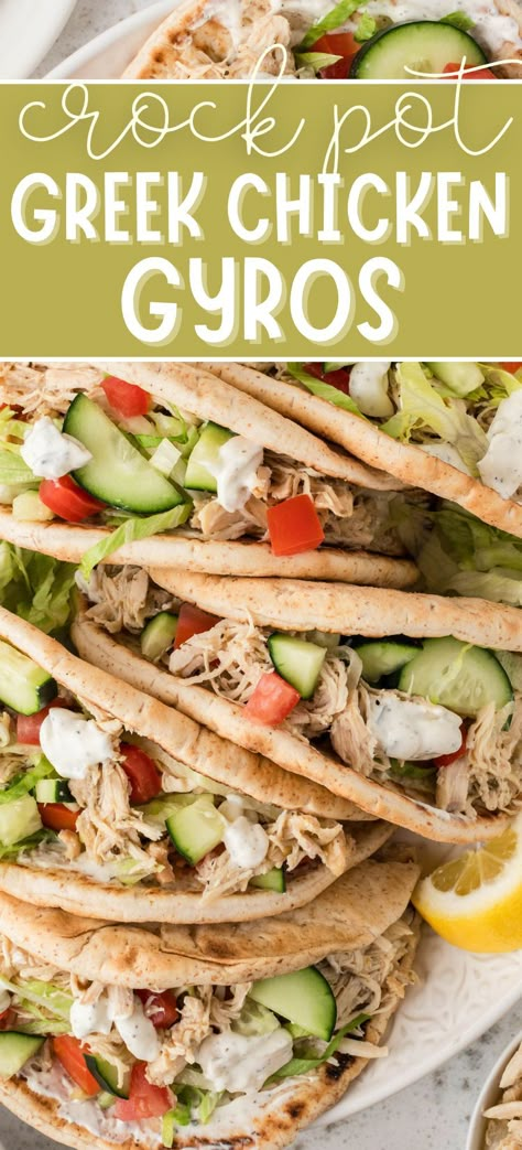 Greek Chicken Gyros are a new favorite meal at my house - this dump & go crockpot version of classic chicken gyros is made with greek seasoned tender chicken that's piled onto warm pita bread, and then topped with fresh veggies and lots of tangy creamy tzatziki sauce. The combination of flavors is out of this world! Low Carb Dinner Ideas Crock Pots, Food With Pita Bread, Slow Cooker Recipes Greek, Greek Chicken And Rice Crockpot, Shredded Chicken Gyros, Greek Pulled Chicken, Chicken Gyro Crockpot Recipe, Crockpot Gyros Chicken, Crockpot Chicken Gyros Slow Cooker