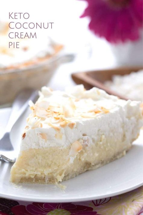 Titled image of a slice of keto coconut cream pie on a white plate with a forkful taken out of it. Keto Coconut Cream Pie, Keto Pie, Coconut Cream Pie Recipes, Coconut Pie, Coconut Custard, Cream Pie Recipes, Low Carb Dessert, Keto Cake, Low Carb Sweets