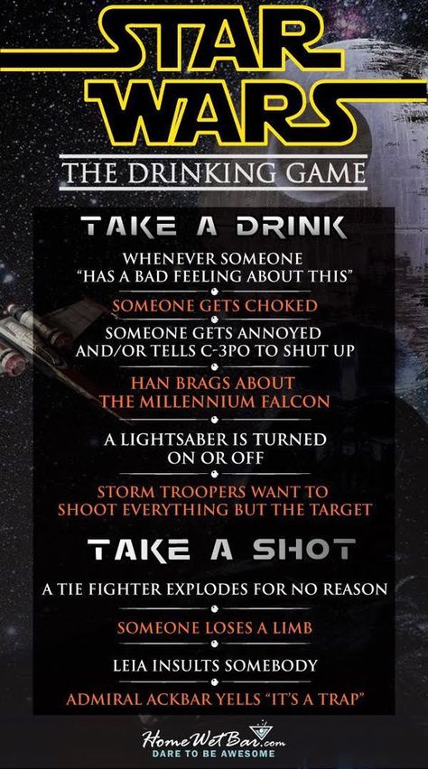 Star Wars Drinking Game, Star Wars Drinks, Star Wars Marathon, Movie Drinking Games, Drunk Games, Birthday Themes For Adults, Drinking Games For Parties, Fun Drinking Games, Drinks Table