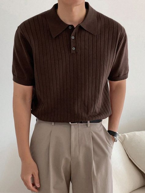 Coffee Brown Casual Collar Short Sleeve Knitwear Plain  Embellished High Stretch  Men Clothing Brown Outfit For Men, Men Brown Outfit, Tan Skin Outfit, Brown Tshirt Outfit, Warm Tone Outfits, Style Improvement, Taupe Outfit, Polo Outfit Men, Diy Embroidery Shirt