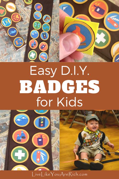 Scout Badges Diy, Wilderness Explorer Badges Printable, Diy Merit Badges, How To Make A Badge, Diy Badges For Kids, How To Make Badges Diy, Badge Making Ideas, Kids Camp Party, How To Make Badges