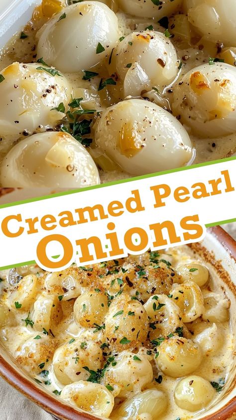 Creamed Pearl Onions Onion Pearls Recipe, Meatball Soup Healthy, Creamed Pearl Onions Recipe, Casseroles With Vegetables, Creamed Pearl Onions, Pearl Onion Recipe, Onion Appetizers, Dinner Ideas For Families, Homemade Broth