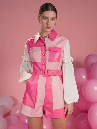 Pink Color Block Button-up Top, Indie Design, Shein Style, Wide Leg Jumpsuit, Western Wear, Fashion Lover, Belt Buckles, Jumpsuits For Women, Color Blocking