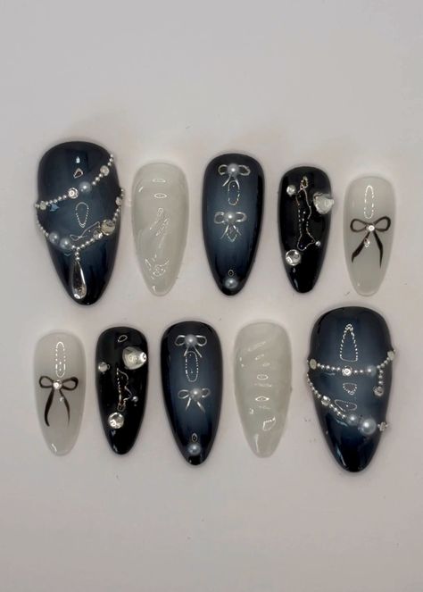 ✴ Hand painted ✴ Reusable ✴ High Quality ✴ Available in different colors, sizes and shapes (on request) IMPORTANT - PLEASE READ BEFORE PURCHASING All sets are made with GEL nail polish. These nails are reusable, if you take it off right. For instruction, please message me Each set comes with 10 handmade press on nails, a mini file, a mini buffer, a cuticle stick, a nail glue, Double Sided Adhesive Tape Glue, Alcohol Pad 1. Measurements Please measure your own nail and find your size from our pic Different Length Nails On One Hand, Hamilton Nail Art, Dark Cute Nails, Christmas Nail Black, Black Kuromi Nails, Black Nail Inspo 2024, Black Simple Nails, Cute Blue Nail Designs, Black And White Gel Nails