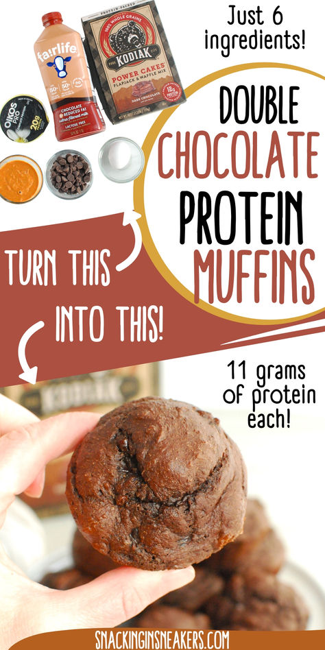 A collage with one image featuring muffin ingredients and the other featuring a chocolate protein muffin, along with a text overlay with the name of the recipe. Kodiak Pancake Muffins Recipe, Kodiak Dark Chocolate Muffins, Kodiak Sausage Breakfast Muffins, Kodiak Protein Muffins With Greek Yogurt, High Protein Kodiak Muffins, Kodiak Brownie Mix Recipes, Kodiak Protein Muffins With Fairlife, Kodiak Breakfast Muffins, Kodiak Chocolate Muffins