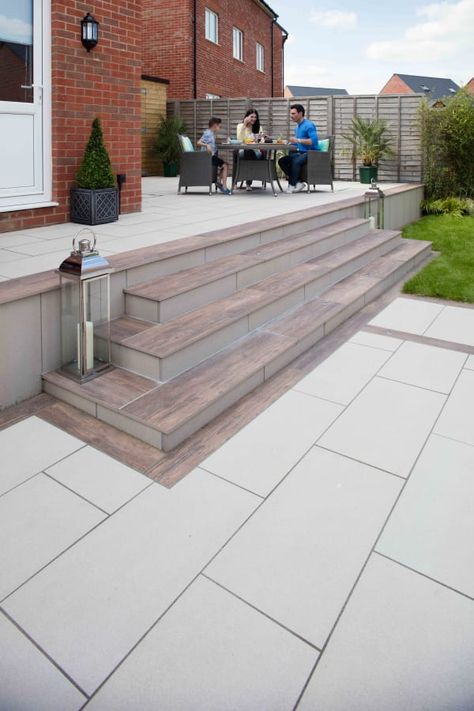 Outdoor Tile Patio, Garden Decking, Outdoor Paving, Raised Patio, Colorful Patio, Patio Steps, Small Courtyard Gardens, Hot Tub Garden, Garden Paving