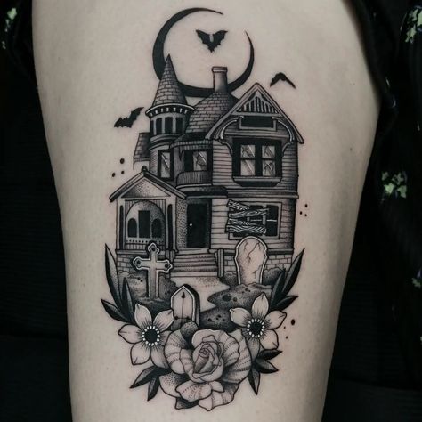 Cute Haunted House Tattoo, Haunted House Flash Tattoo, Amityville Horror House Tattoo, Haunted House Sleeve Tattoo, Adams Family House Tattoo, Haunted House Traditional Tattoo, Haunted House Tattoo Ideas, Haunted House Tattoo Simple, Small Haunted House Tattoo