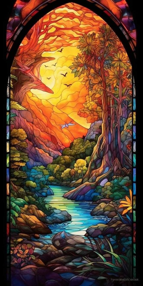 Epoxy Stained Glass Window, Landscape Stained Glass Window, Stained Glass Wallpaper Iphone, Stained Glass Painting Canvas, Miniature Mansion, Stained Glass Wallpaper, Stained Glass Illustration, Stained Glass Window Art, Arts And Crafts Tiles