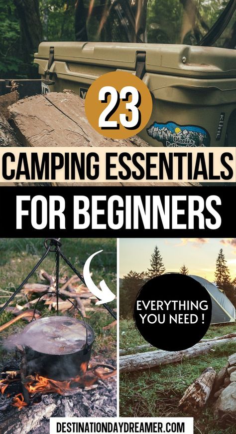 Grass with green tent in the mountains with words overtop '23 camping essentials for beginners' Basic Camping Essentials, Camping Essentials For Women, Beginner Camping Gear, Ultimate Camping Checklist, Beginner Hiking Essentials, Affordable Functional Camping Bags, Adventure Essentials, Spring Camping, Camping For Beginners