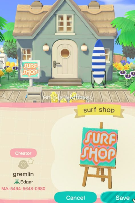 Surf Shop Codes Acnh, Surf Shop Acnh Code, Animal Crossing Surf Shop Ideas, Acnh Surf Shop Design Code, Animal Crossing Design Codes Tropical, Preppy Animal Crossing Island, Acnh Surf Shop Design, Surf Shop Animal Crossing, Animal Crossing Tropical Design