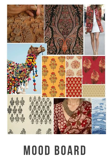 Textile Design Mood Boards, Ethnic Wear Inspiration Board, Interior Design Textile Mood Board, Indian Prints And Patterns Textiles, Bohemian Mood Board Fashion, Rajasthani Mood Board, Indian Textiles Aesthetic, Indian Fashion Sketches, Desi Mood Board