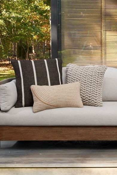 Brighten up your porch or patio furniture with these outdoor pillows, which will hold up against the elements. They are mold and mildew resistant, too. Outdoor Couch Pillows, Grey Outdoor Furniture Decor, Outdoor Pillows Ideas Color Schemes, Outdoor Patio Pillows, Patio Pillows Outdoor, Small Space Seating, Outdoor Alfresco, Outdoor Sofa Cushions, Home Decor Minimalist