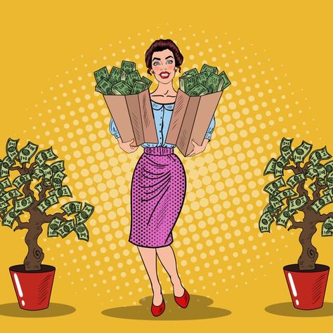 Pop art happy rich woman holding bags wi... | Premium Vector #Freepik #vector #background #business #vintage #tree Money Illustration Art, Girls With Money, Money Vector, Money Illustration, Happy Money, Money Spells That Work, Money Tree, Money Spells, Money Trees