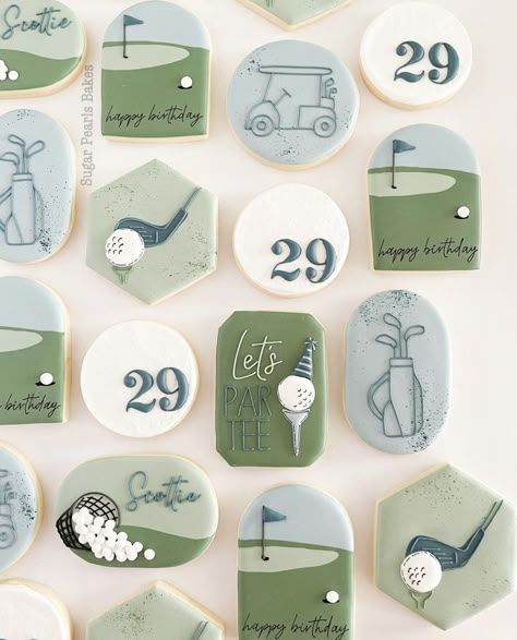 Golf Party Cookies, Golf Party Cake Ideas, 30th Birthday Ideas For Men Golf Theme, Golf Cookies Decorated, Golf Themed Cookies, Hole In One Cookies, Golf Cookies Birthday, Golf Themed 30th Birthday Party Men, Golf Themed 21st Birthday