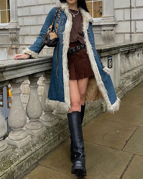 me 🤝🏼 fur trim coats coat @facebookmarketplace jumper @salvationarmyshops bag @luahvintage boots @nakdfashion skirt - thrifted | Instagram Fur Coat Christmas Outfit, Denim Afghan Coat Outfit, Denim Fur Jacket Outfit, Sheepskin Coat Outfit, Fur Coat Outfits, Fur Trimmed Coat, Fur Jacket Outfit, Long Denim Coat, Jean Trench Coat