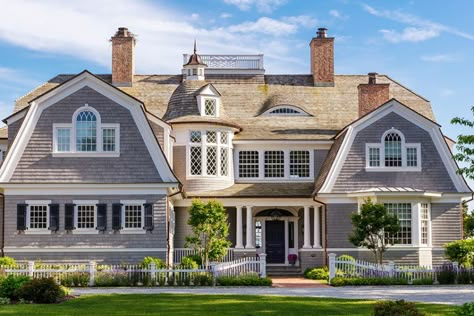 Dutch Colonial Mansion, Cape Cod Mansion Exterior, New England Architecture, New England Coastal Homes, Cedar Shingle Homes, Dutch Colonial Exterior, New England Mansion, Dream House Pictures, Hampton Homes