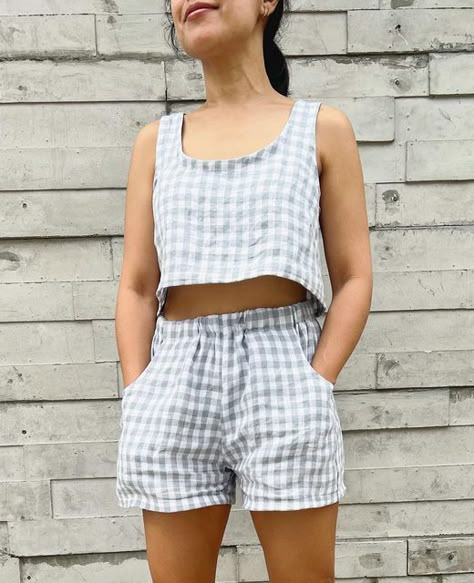 Gingham Matching Set, Matching Top And Shorts, Shorts Pattern Free, Vacation Capsule, Loungewear Pants, Sewing Shorts, Women's Sewing Pattern, Gingham Fashion, Gingham Linen