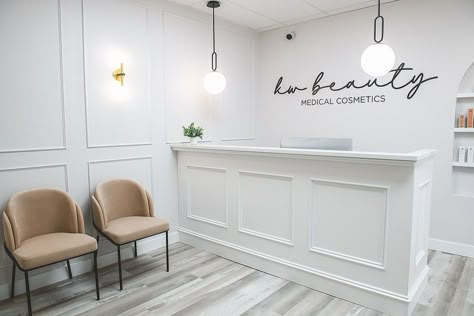 Interior Design for the offices of KW Beauty in Kitchener, Belmont Village Front Lobby Decor Reception Areas, Med Spa Reception Area, Small Dental Clinic Interior Design, Medical Spa Design, Wall Millwork, Wall Trims, Spa Reception Area, Steyn City, Beauty Commercial