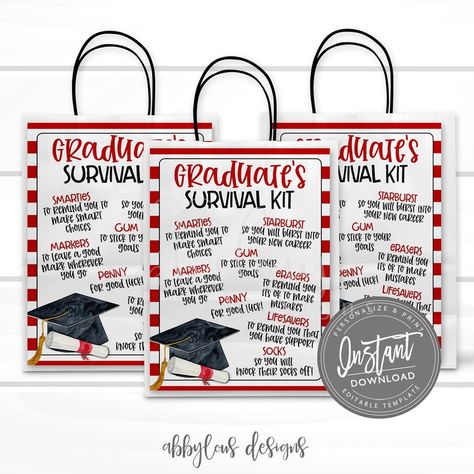 Graduation Survival Kit High School, Graduation Survival Kit, Student Survival Kits, Schul Survival Kits, Graduation Gift Bags, College Survival Kit, Printable Gift Bags, School Survival Kits, Graduation Candy