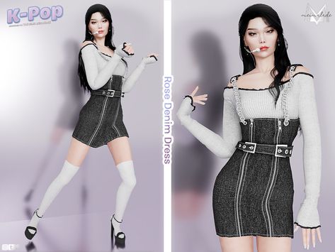 The Sims Resource - KPOP Collection Rose Denim Dress Sims4 Cc Kpop Clothes, Sims 4 Cc Kpop Clothes, Cc The Sims 4, Ts4 Clothes, Cc Clothing, Ts4 Mods, Kpop Clothes, Feminine Clothes, Clothes Cc