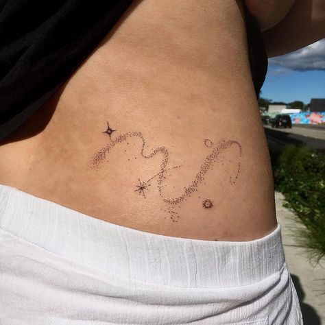 Aesthetic Space Tattoo, Galaxy Hip Tattoo, Under The Stars Tattoo, Cosmic Star Tattoo, Sparkle Trail Tattoo, Milky Way Tattoo Galaxies, Milky Way Galaxy Tattoo, Night Sky Tattoo Starry, Milkyway Tattoos