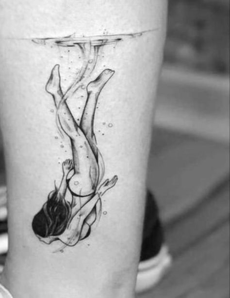 Woman Diving Tattoo, Swimming Woman Tattoo, Woman In Water Tattoo, Water Tattoo Ideas Ocean, Water Tattoos For Women, Floating Tattoo, Under Water Tattoo, Sea Inspired Tattoos, Water Tattoos